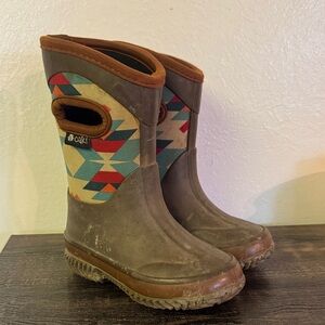 OAKI Kids Mud Boots - Brown with Colorful Aztec Print Pattern